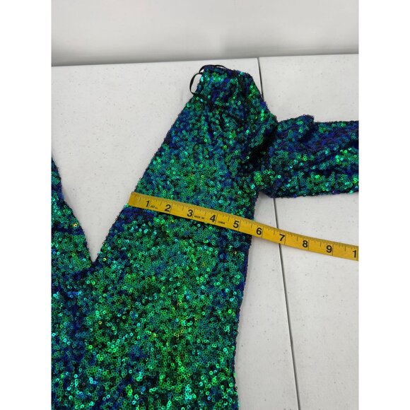 NWT AGACI S Sequin Mini Dress Green Blue Iridescent V-Neck Mermaid Bodycon - Picture 8 of 11
